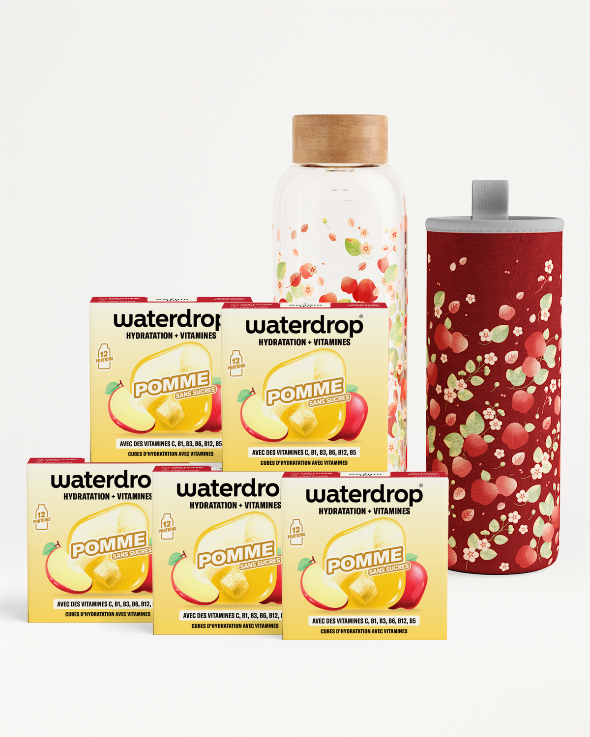 Ensemble de boîtes Waterdrop pour l'hydratation, une bouteille transparente avec bouchon en bois et un grand gobelet rouge.