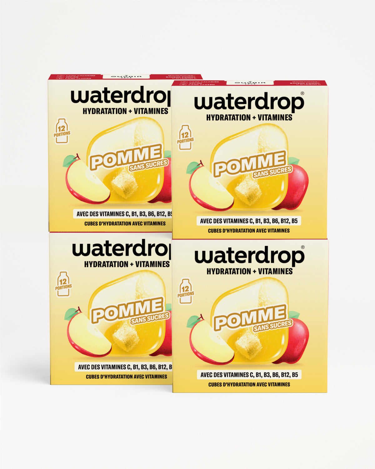 Lot de quatre boîtes Waterdrop pour hydratation et vitamines empilées en grille 2×2 avec motif de pomme.