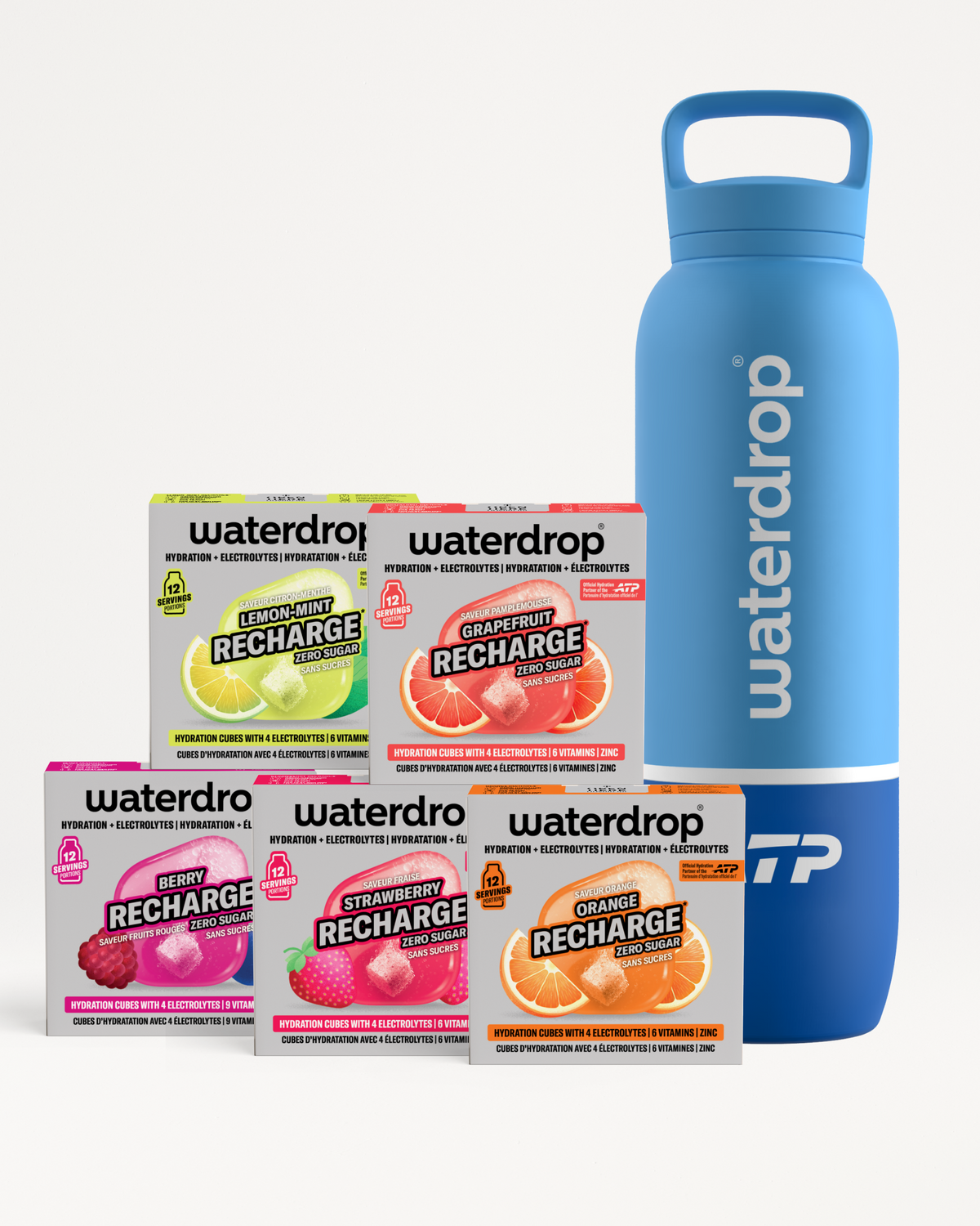 Bouteille réutilisable bleue Waterdrop avec quatre boîtes Recharge de saveurs.