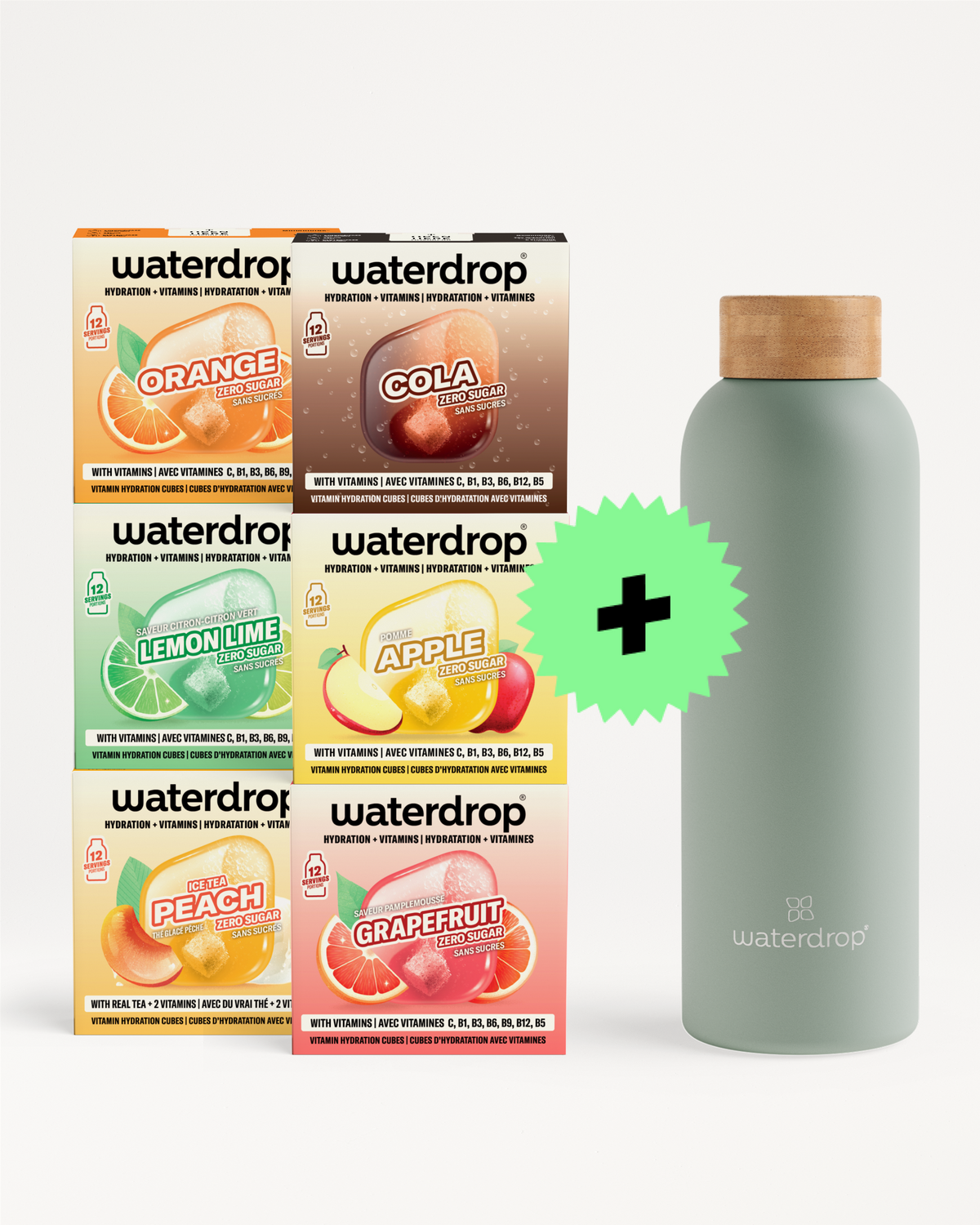 Boîtes Waterdrop multicolores empilées à côté d'une bouteille réutilisable vert clair avec bouchon en liège et un signe plus vert.