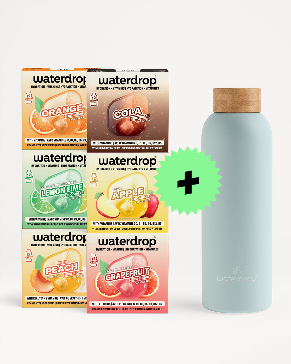 Boîtes de saveurs Waterdrop colorées disposées à côté d'une bouteille bleu clair à bouchon en bois et d’un symbole plus vert.