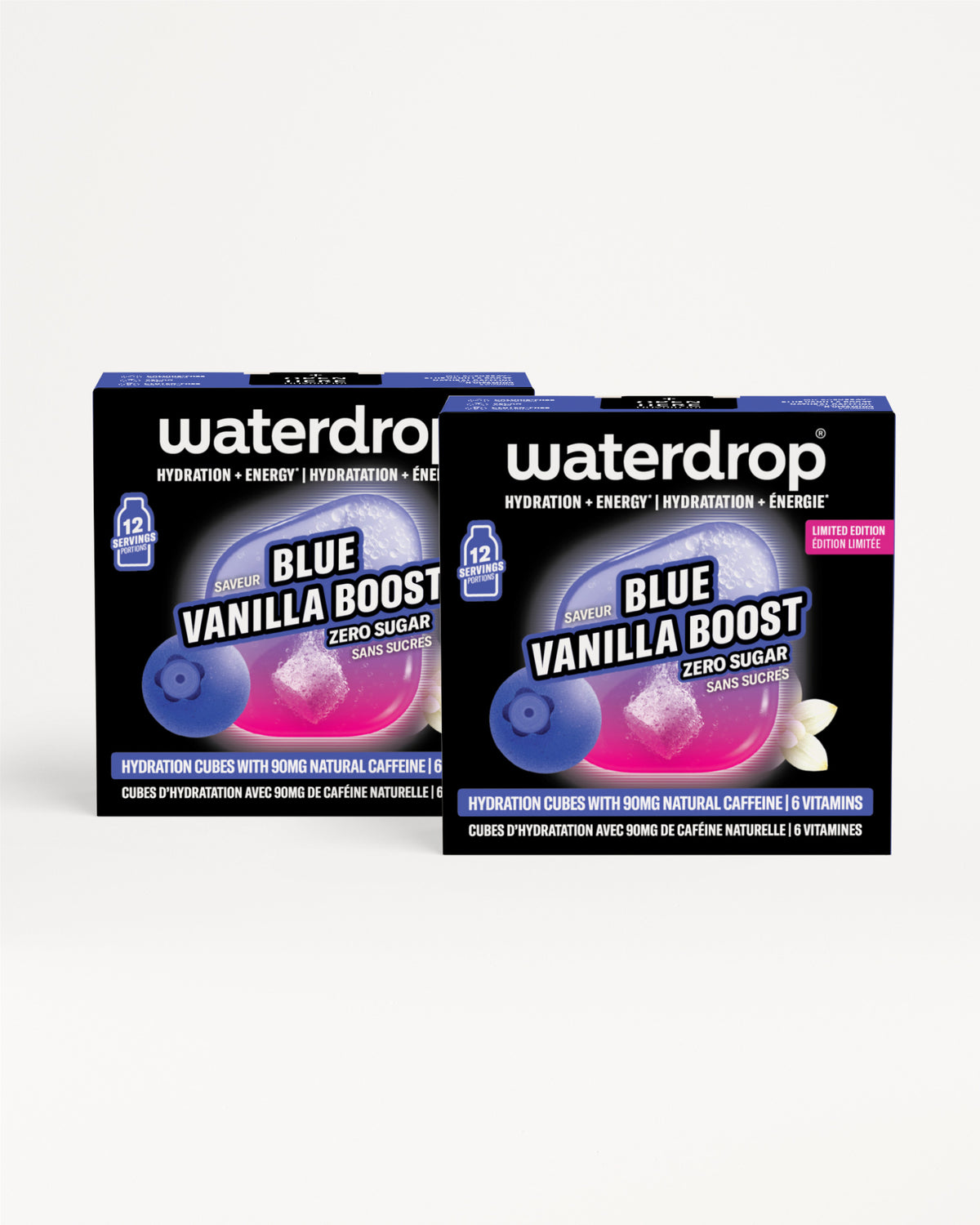 Deux boîtes bleues Blue Vanilla Boost de cubes d'hydratation sur fond blanc.