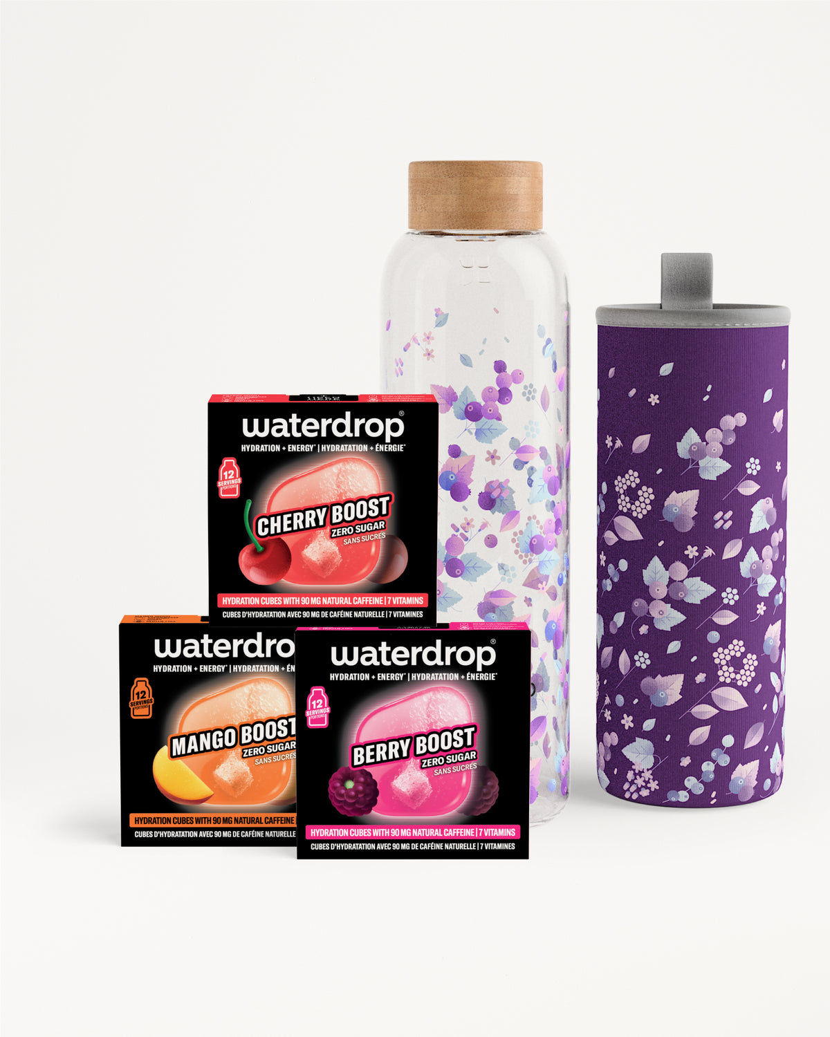 Paquets de boosters de saveur Waterdrop et une bouteille violette à motif floral.