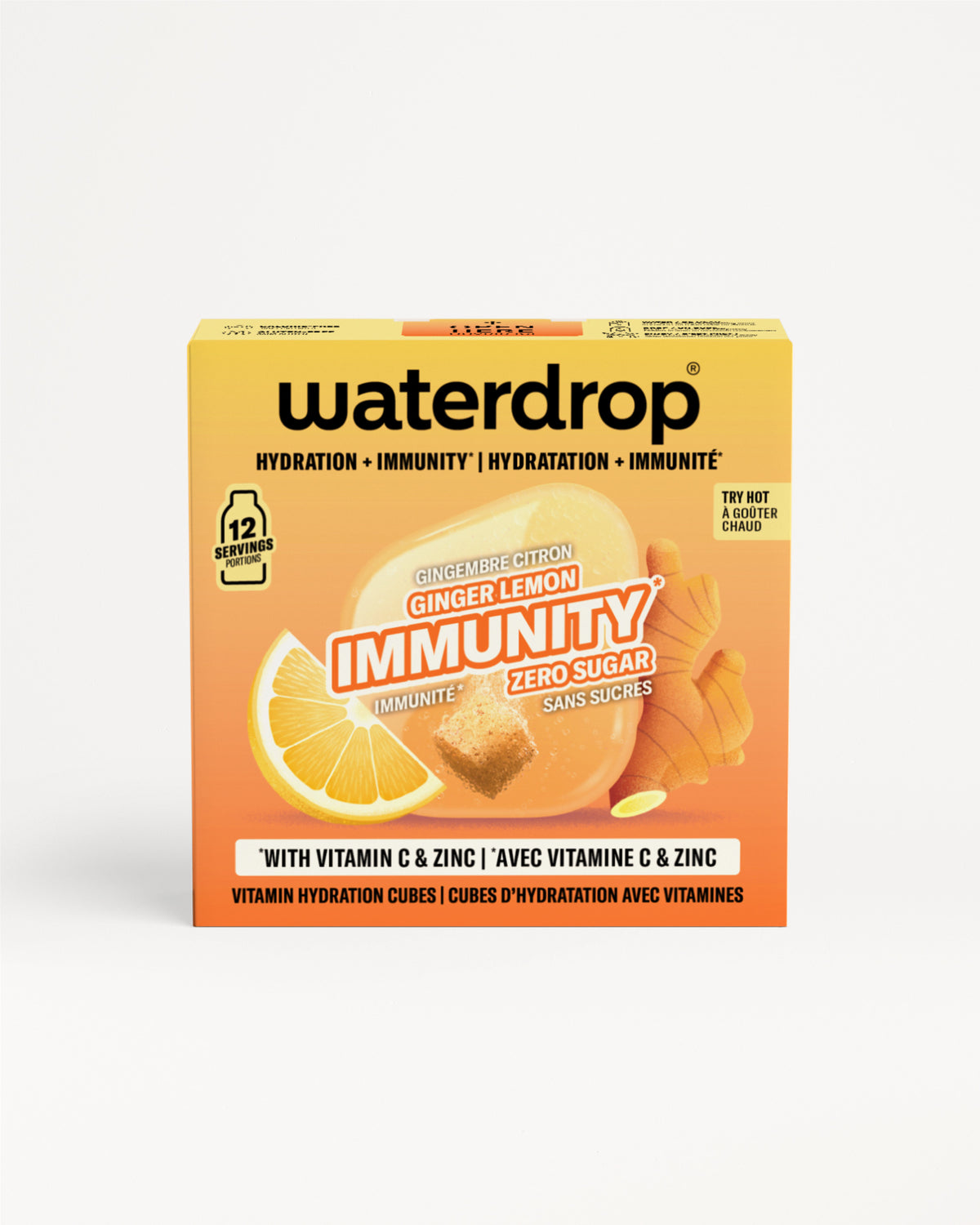 boîte orange Waterdrop immunité avec image de citron et gingembre.