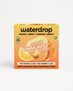 boîte orange Waterdrop immunité avec image de citron et gingembre.