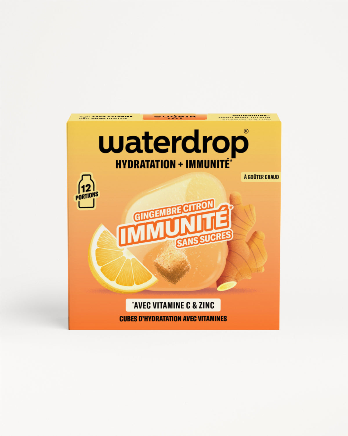 Boîte orange et jaune Waterdrop Immune cubes d'hydratation 12 portions.