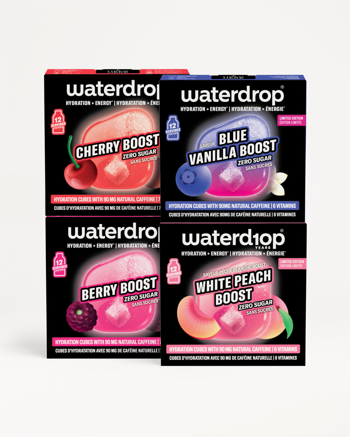 Quatre boîtes Waterdrop d’hydratation disposées en grille 2x2.