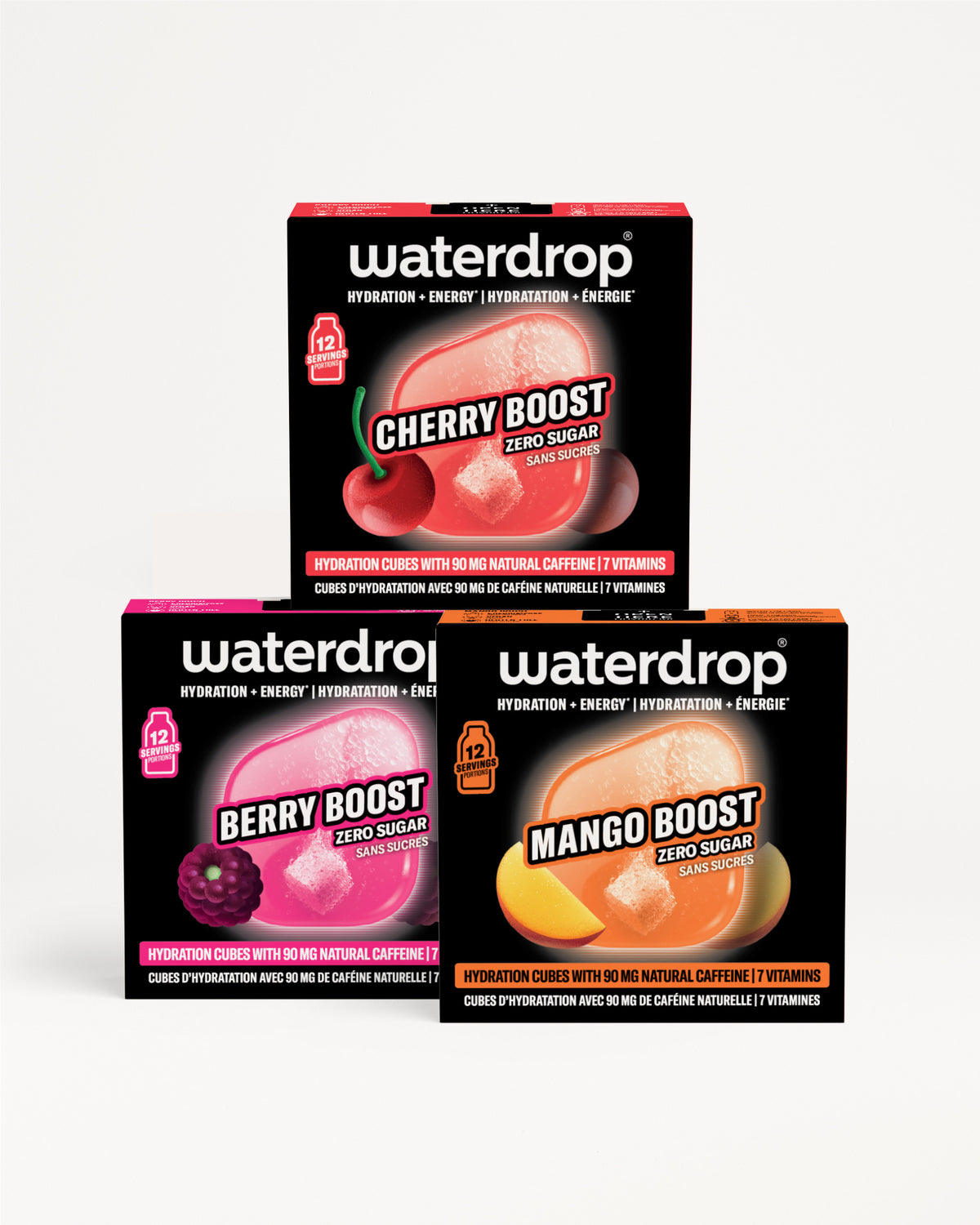 Trois boîtes Waterdrop hydratation empilées en pyramide sur fond blanc.