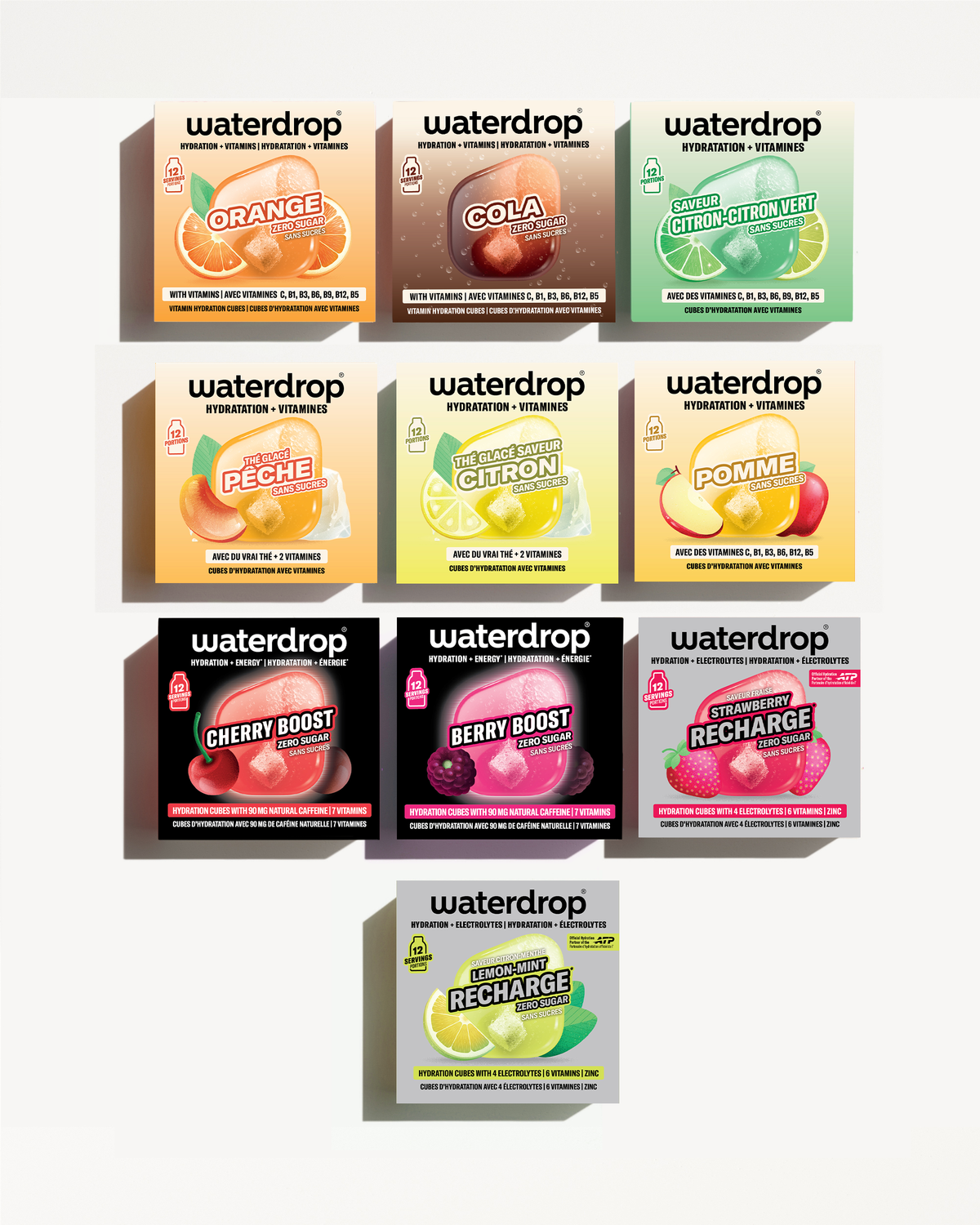 Abo de boîtes Waterdrop pour rehausser le goût, disposées en grille en escalier.