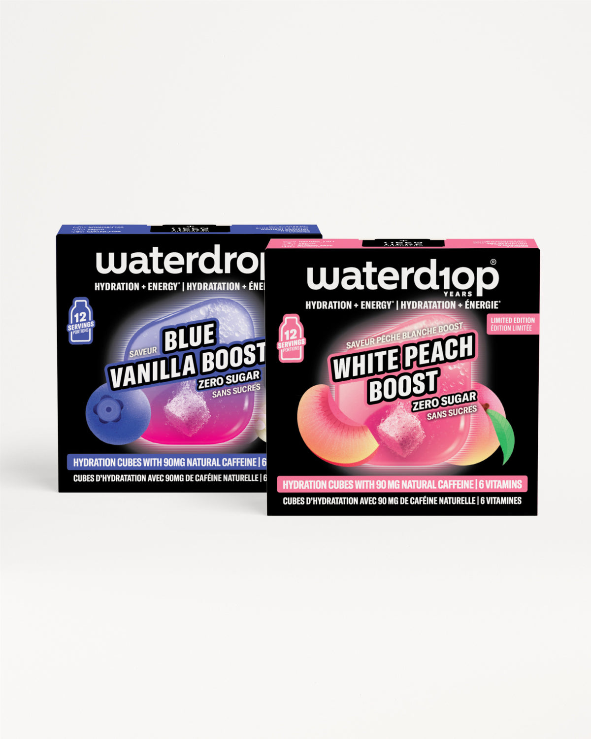 Deux boîtes Waterdrop d'hydratation alignées sur fond blanc, l'une bleu et l'autre rose.