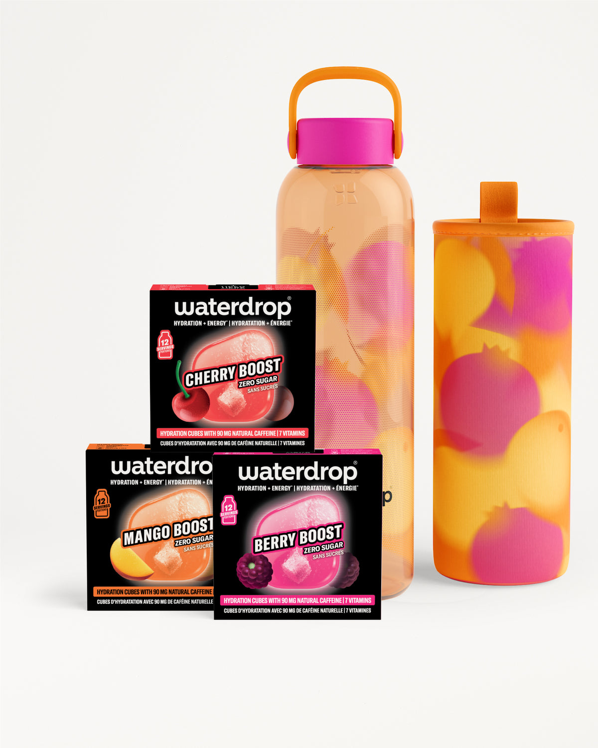 Packs variés de boosters de saveur et deux bouteilles réutilisables marbrées.