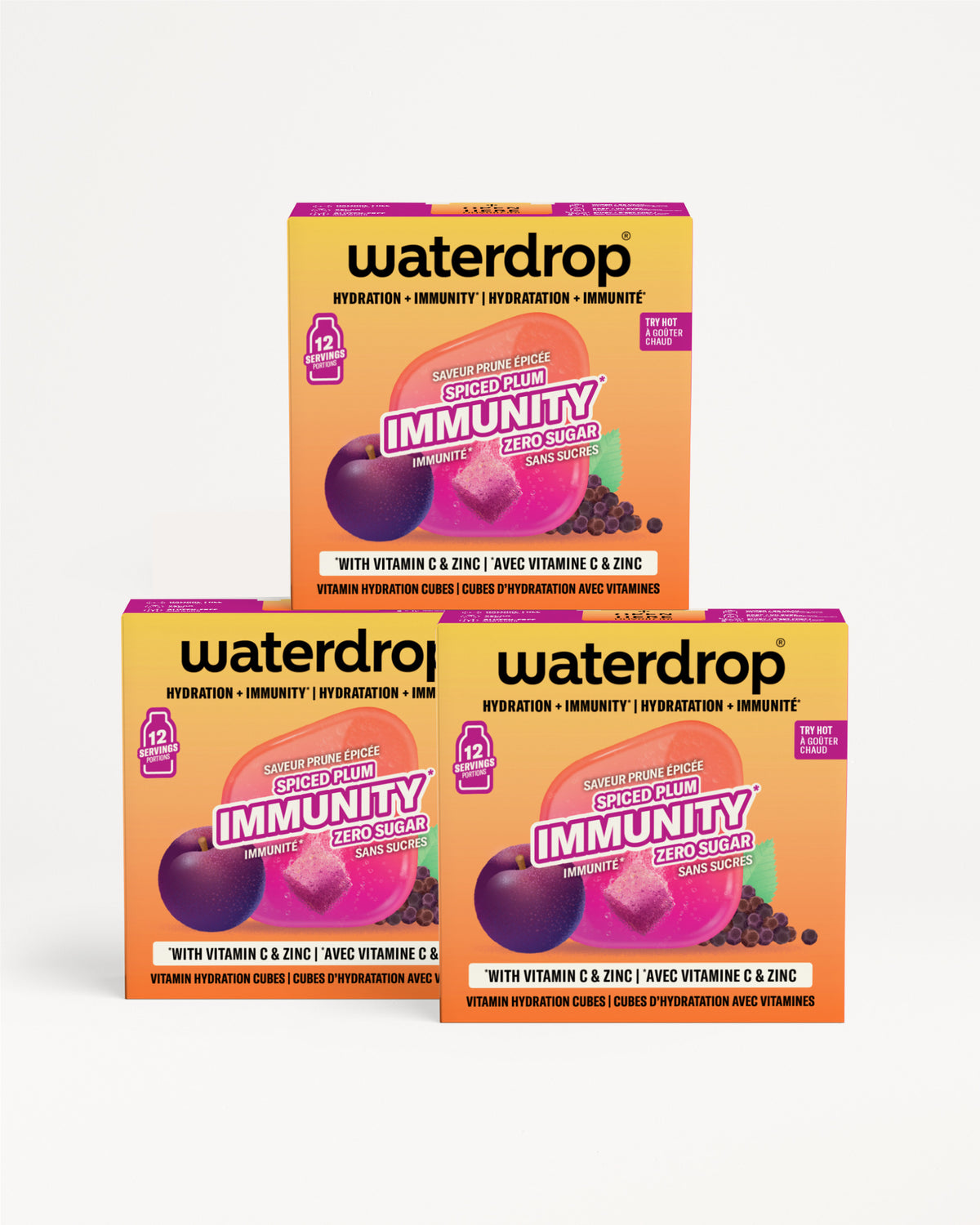 Trois boîtes Waterdrop empilées en forme triangulaire.