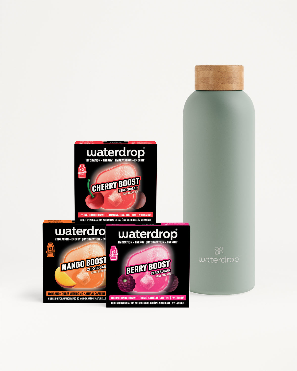 Trois boîtes Waterdrop Boost saveurs devant une bouteille grise claire à capuchon en bois.