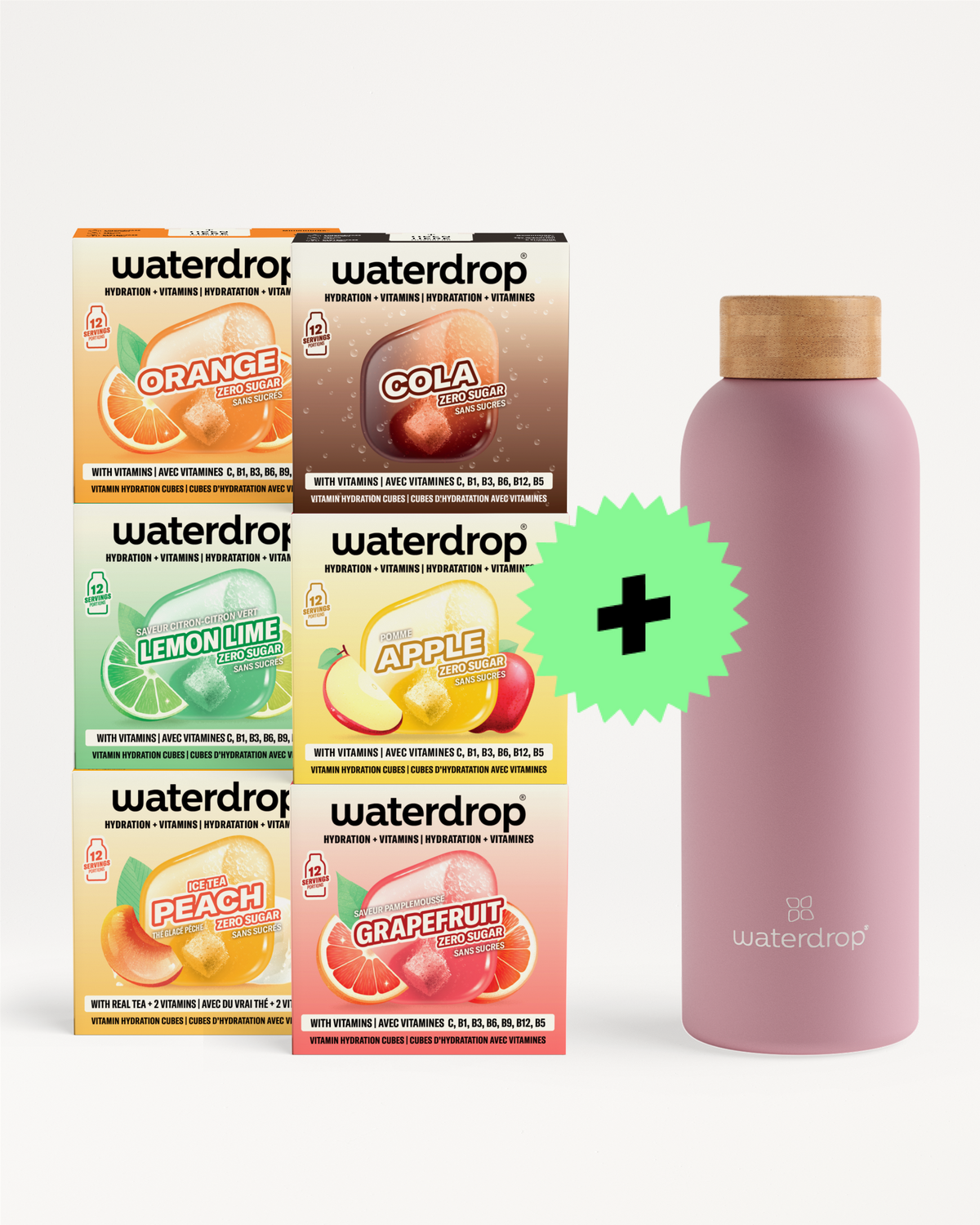 Six boîtes Waterdrop avec une gourde rose et un signe plus vert indiquant un pack.