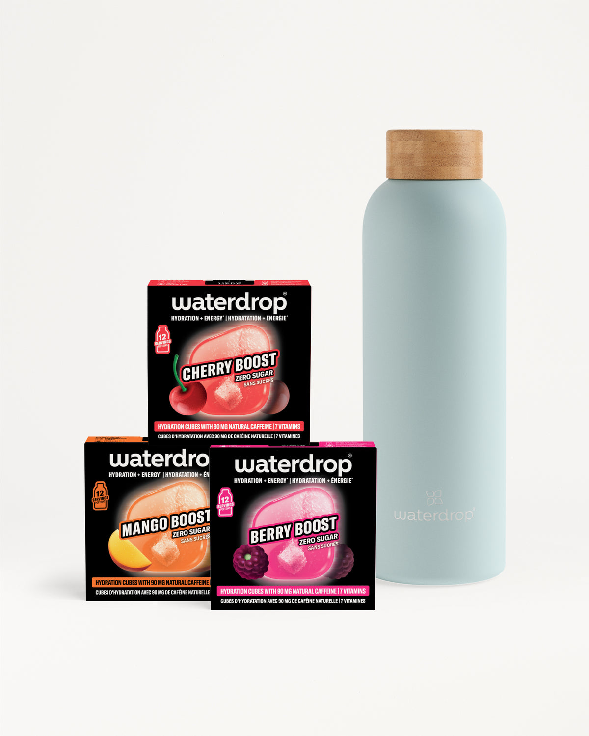 Boîtes de saveurs Waterdrop et une bouteille bleu clair avec bouchon en bois.