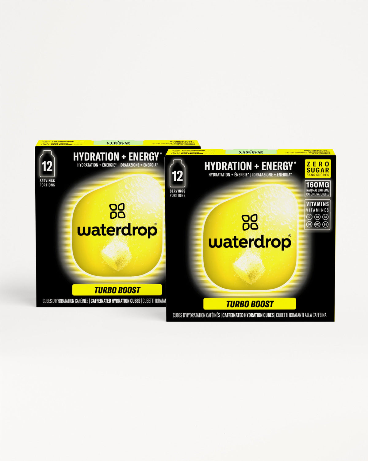 Deux boîtes noires et jaunes pour cubes d'hydratation énergétique, côte à côte.