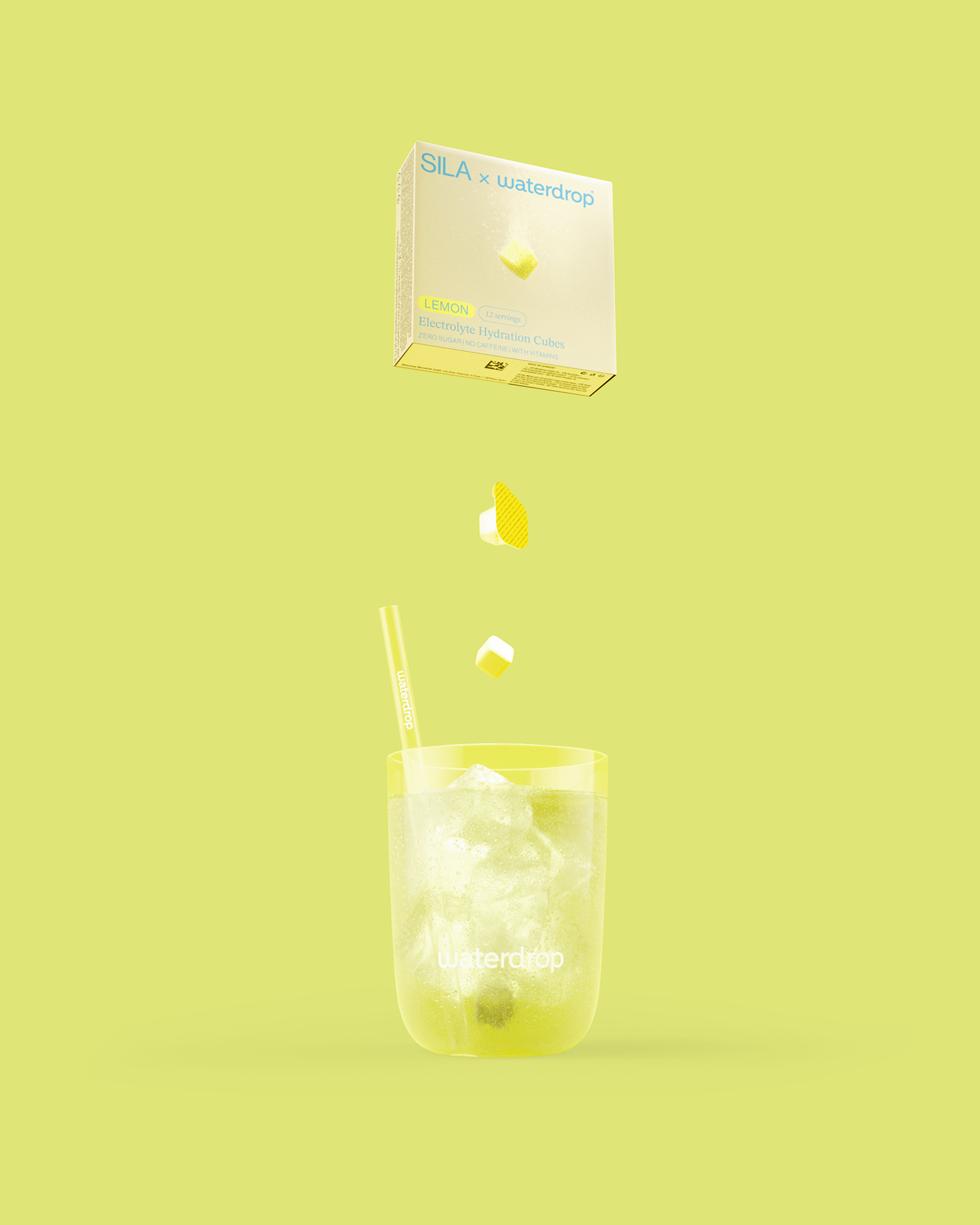 SILA Citron electrolyte cubes with water glass.